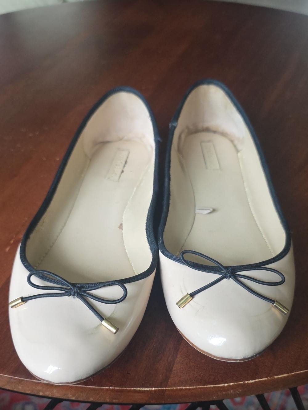 Zara Cream Patent Ballet Flats with Black Trim and Bow